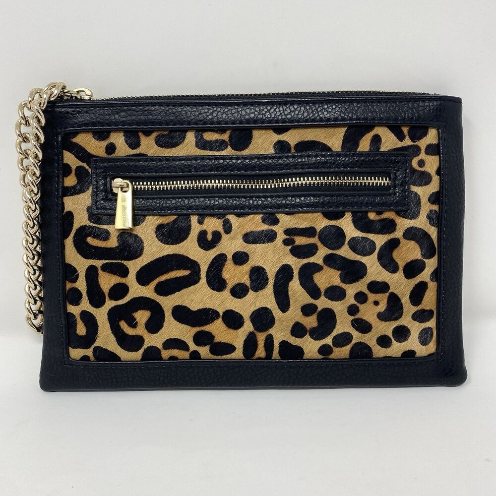 NWOT Express Leopard Calf Hair Small Wristlet Bag Gold Chain Y2K Style Glamour